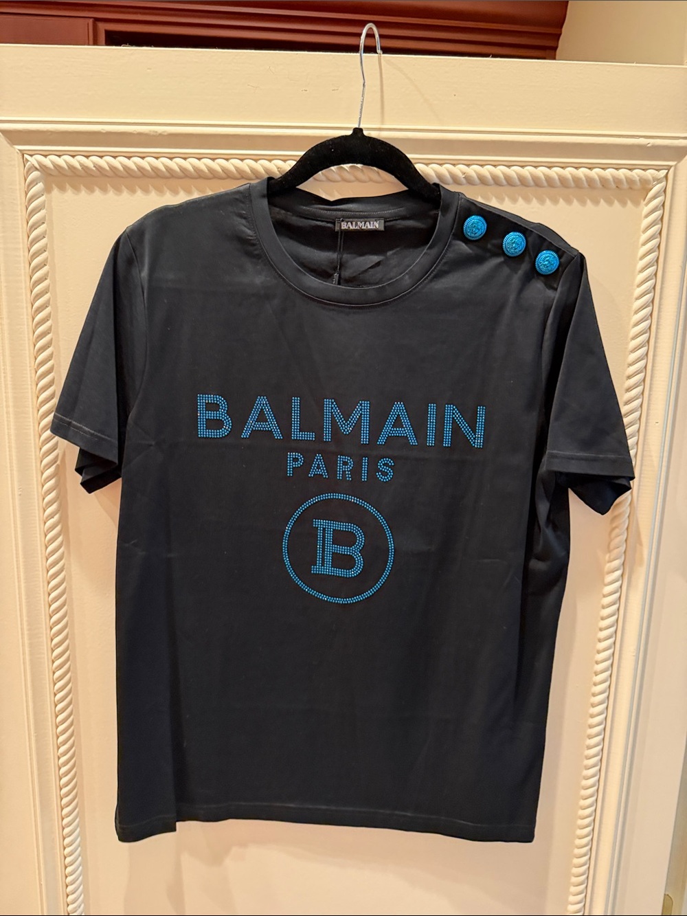 Balmain Black Tee with Blue Logo and Shoulder Buttons